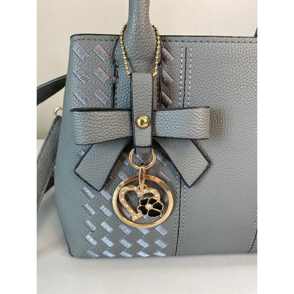 Fashion Bag Gray PU Leather Tote Detachable Crossbody Bow Purse Charm 11x8x5" - Picture 8 of 14